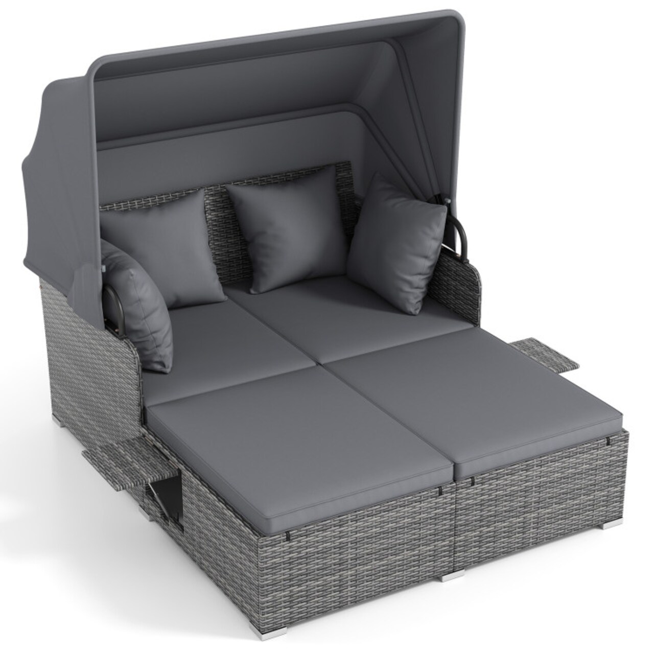 Outdoor Rattan Daybed With Canopy PE Wicker Patio Lounge Sofa Set With Cushions Poolside Garden Double Sun Bed Furniture